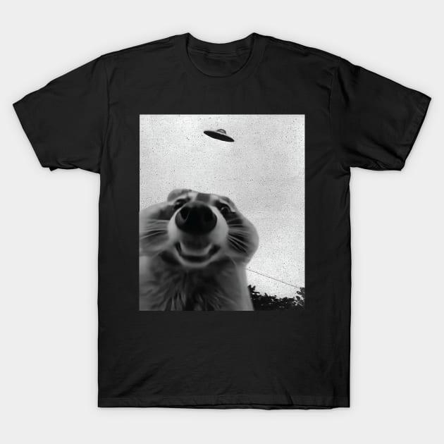 Funny Raccoon Selfie with UFOs T-Shirt by DaStore